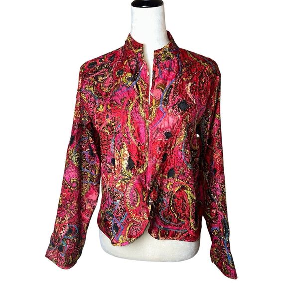 Chico’s Red Silk Embroidered Beaded Dopamine Jacket M | Eclectic Boho Statement - Picture 1 of 7